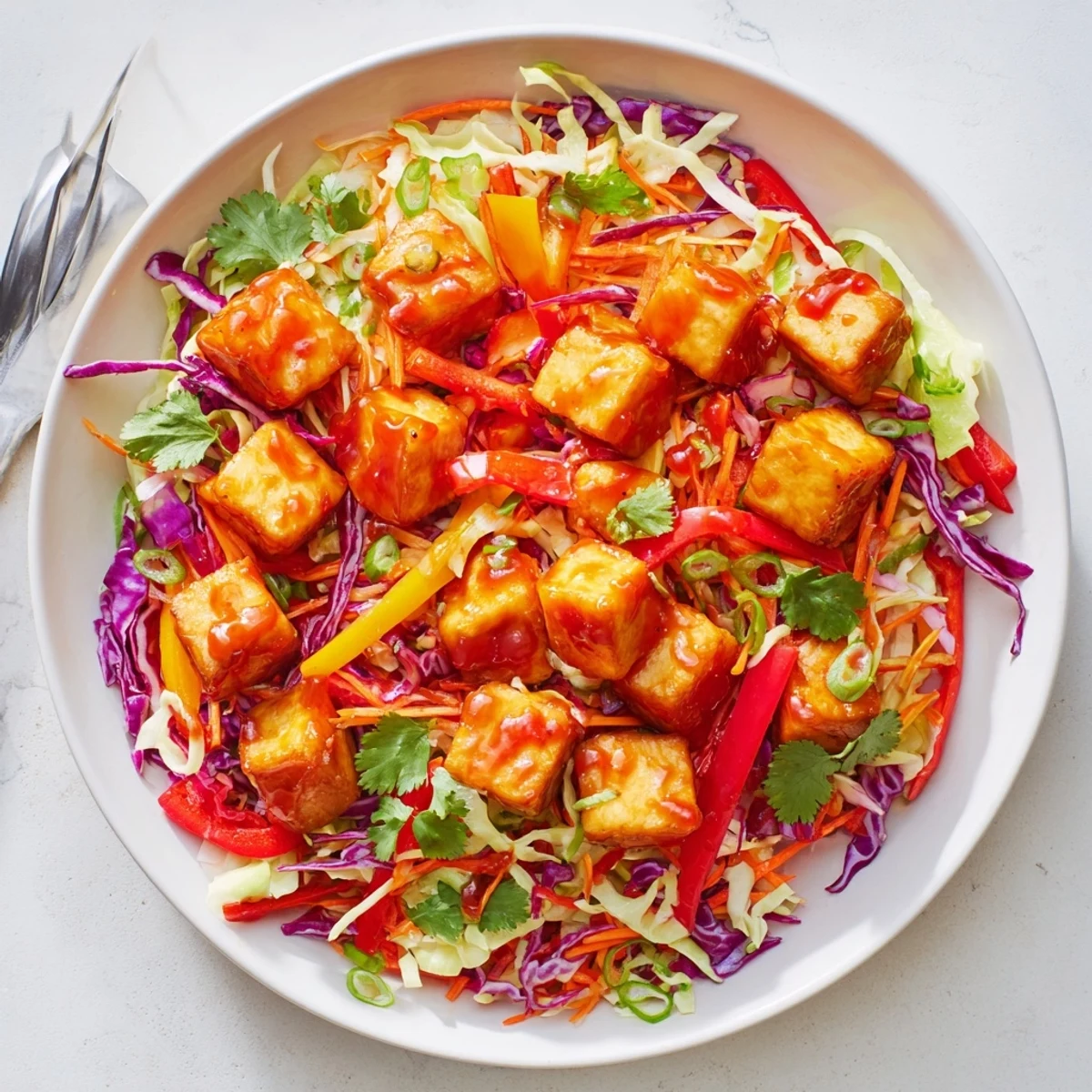 Crispy tofu in tangy Sriracha sauce with fresh rainbow slaw garnish