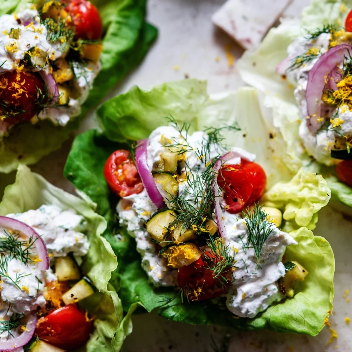 Fresh Mediterranean appetizer featuring whipped feta spread topped with tender roasted zucchini in lettuce