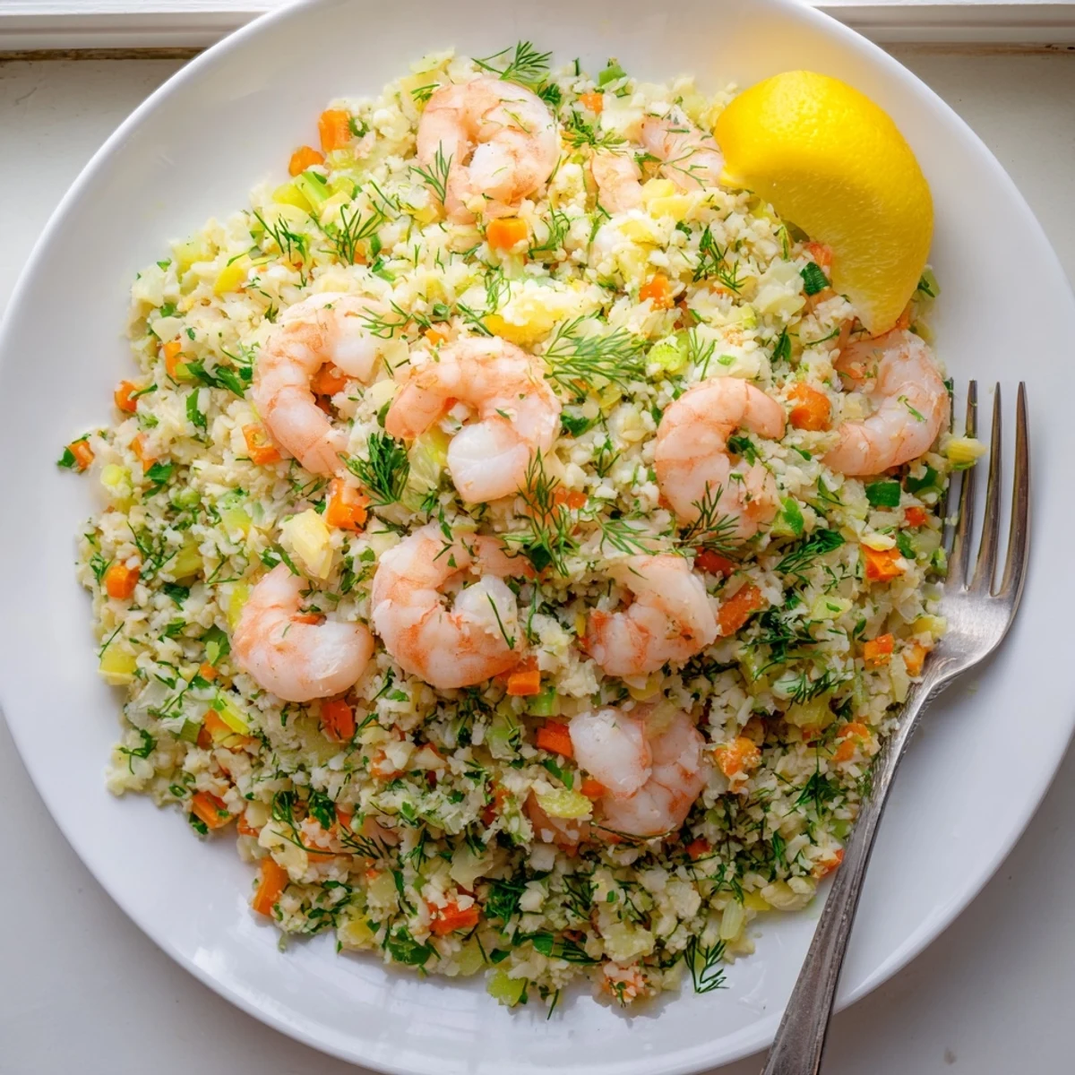 Golden pan-seared lemon herb shrimp atop fluffy cauliflower rice pilaf with fresh herbs