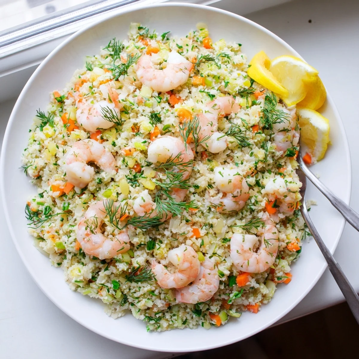 Pink lemon-garlic shrimp arranged on a bed of tender vegetable cauliflower rice pilaf