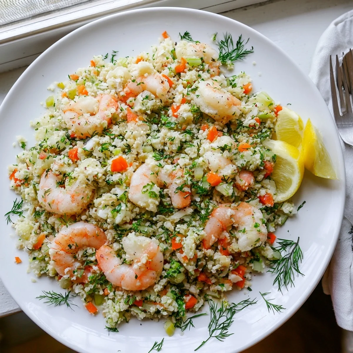 Succulent Mediterranean-style shrimp with fresh dill and parsley served over seasoned low-carb cauliflower rice