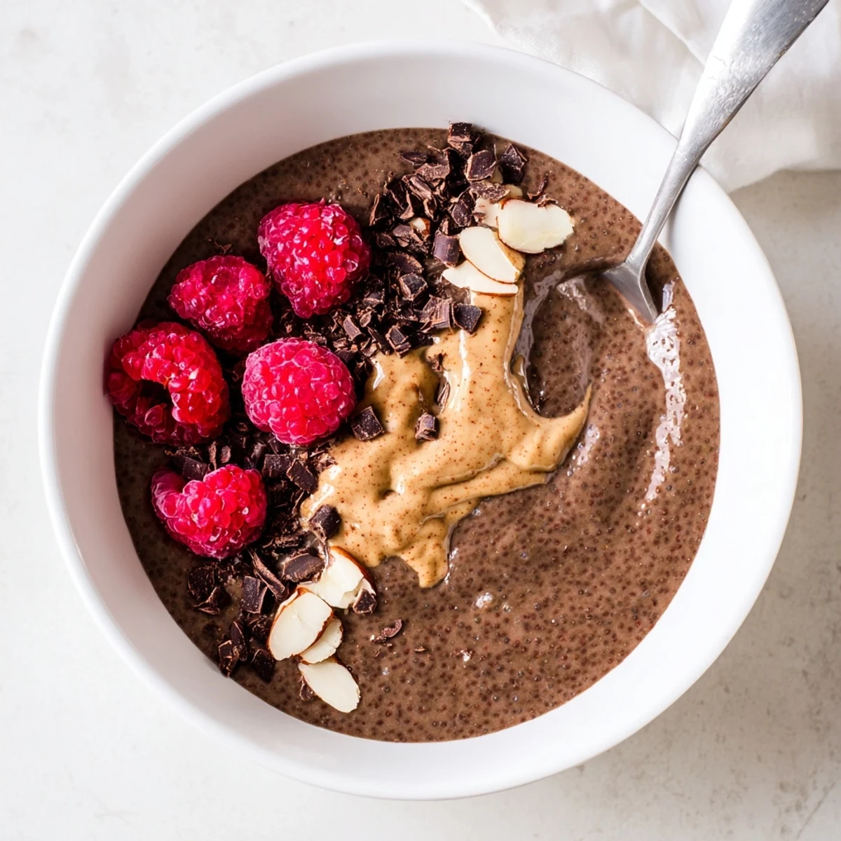 Decadent chocolate almond butter protein pudding chilled to perfection with a velvety smooth texture and nutty finish