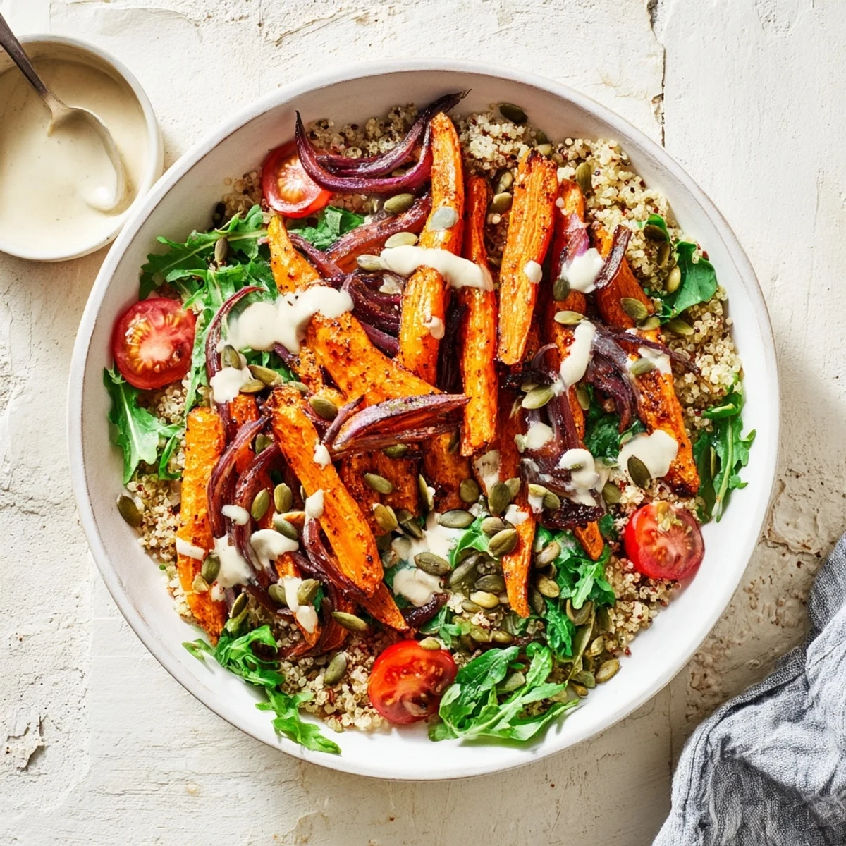 Golden roasted carrot and tahini drizzle bowl with fluffy quinoa and crisp mixed greens