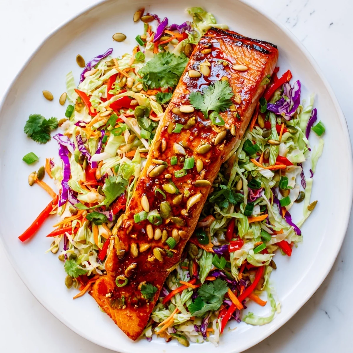 Baked spicy lime salmon with chili rub served over crisp vegetable slaw with pumpkin seeds