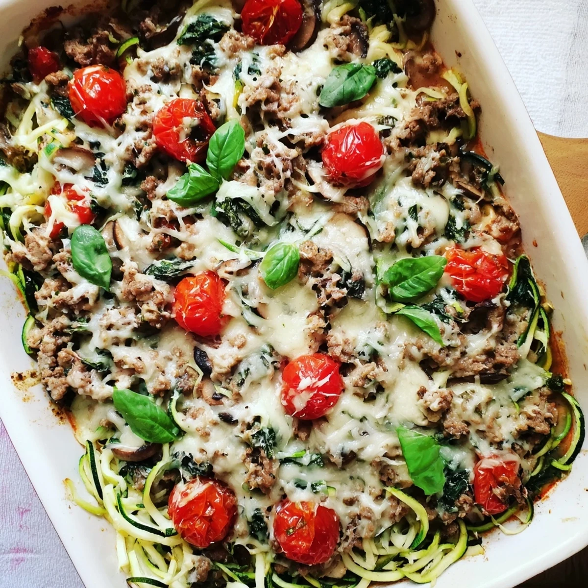 Golden bubbling pesto turkey and mushroom zoodle bake fresh from the oven with melted mozzarella