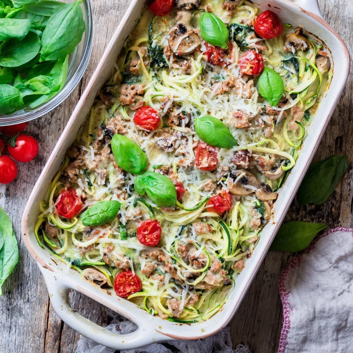 Spiralized zucchini noodles with ground turkey and mushrooms in green pesto sauce baked until bubbly and golden