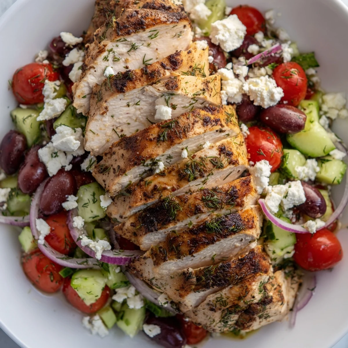 Juicy herb crusted chicken breasts served over crisp Mediterranean cucumber olive salad with ripe cherry tomatoes