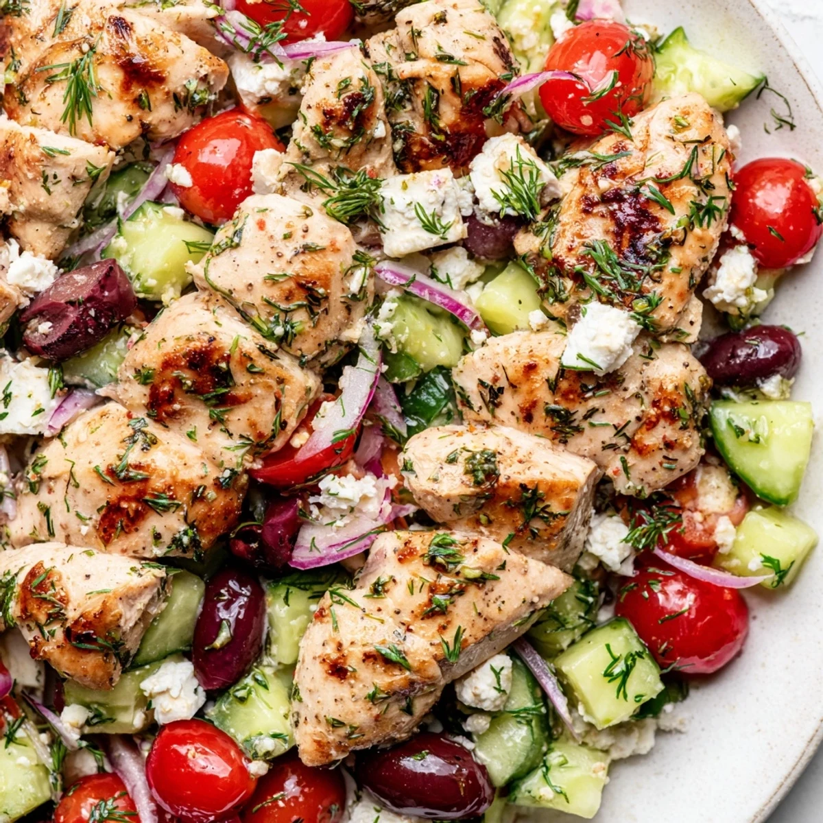 Light and healthy Mediterranean herb chicken paired with refreshing cucumber olive salad featuring tangy feta cheese
