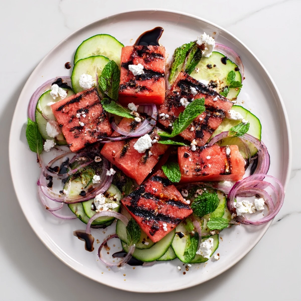 Colorful grilled watermelon and feta mint salad with charred fruit cubes and crumbled white cheese