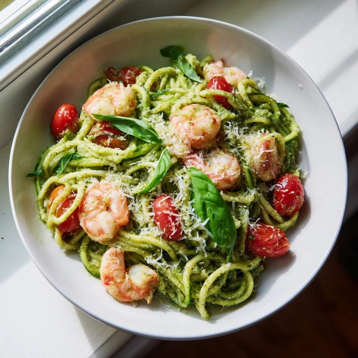Golden pan-fried shrimp resting atop vibrant green basil pesto zucchini noodles garnished with Parmesan
