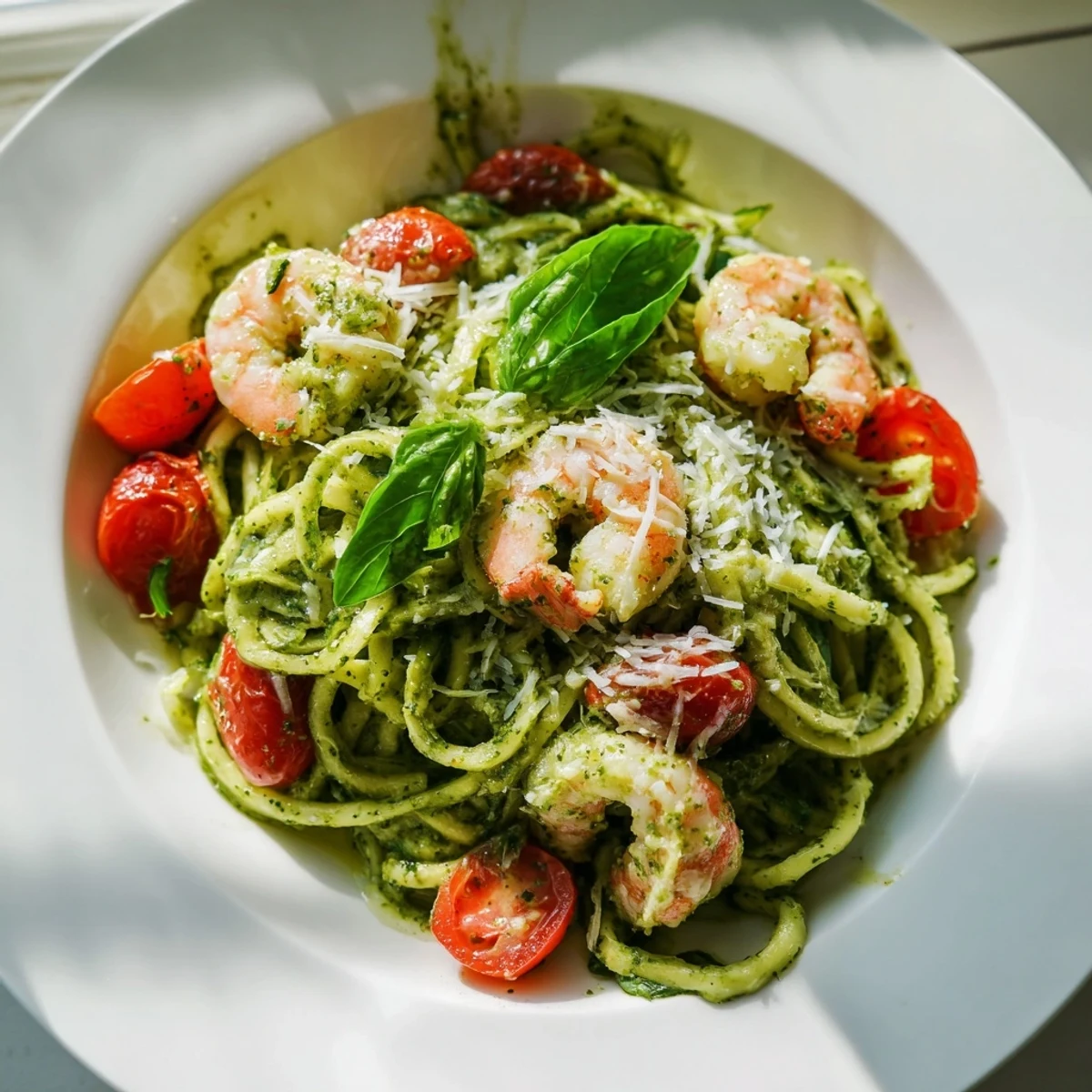 Plated pesto shrimp and zucchini noodles drizzled with aromatic basil sauce and sprinkled with grated cheese