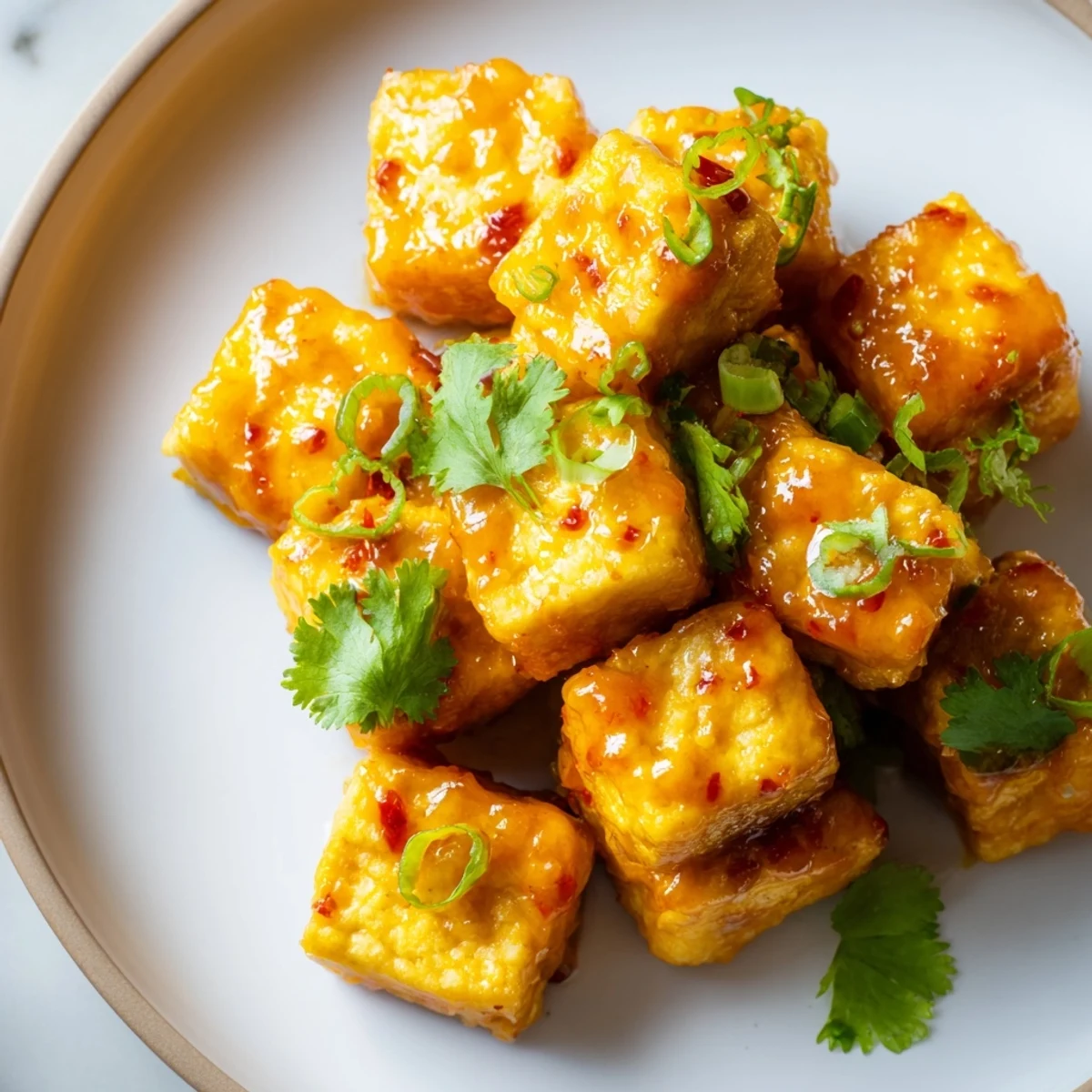 Golden crispy spicy mango tofu cubes draped in sweet mango sauce over colorful lime cabbage slaw