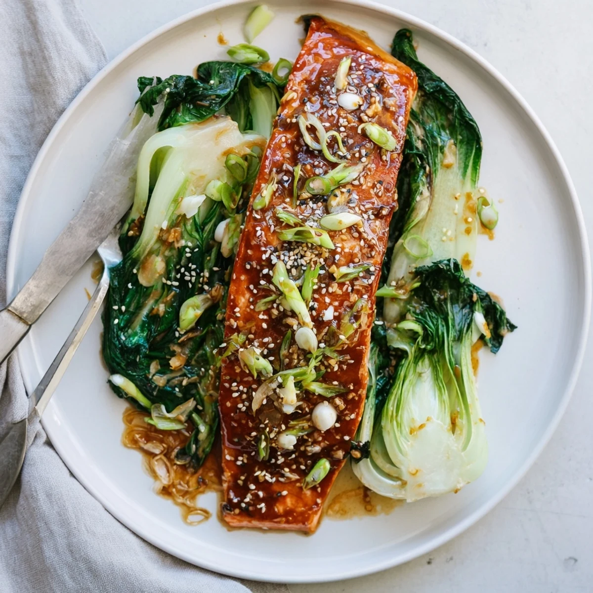 Perfectly cooked salmon fillets brushed with sweet miso maple glaze arranged beside fresh sesame spinach and scallions