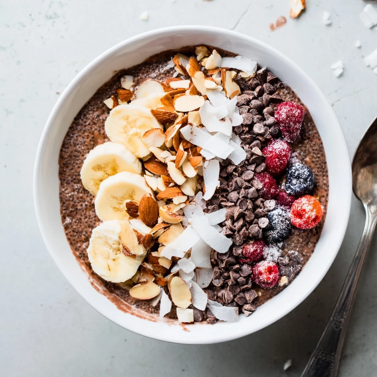 Creamy chocolate coconut almond protein chia bowl topped with fresh banana slices and toasted almonds