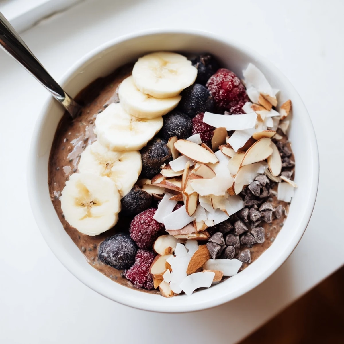 Rich chocolate chia breakfast bowl featuring coconut flakes almonds and protein-packed pudding base