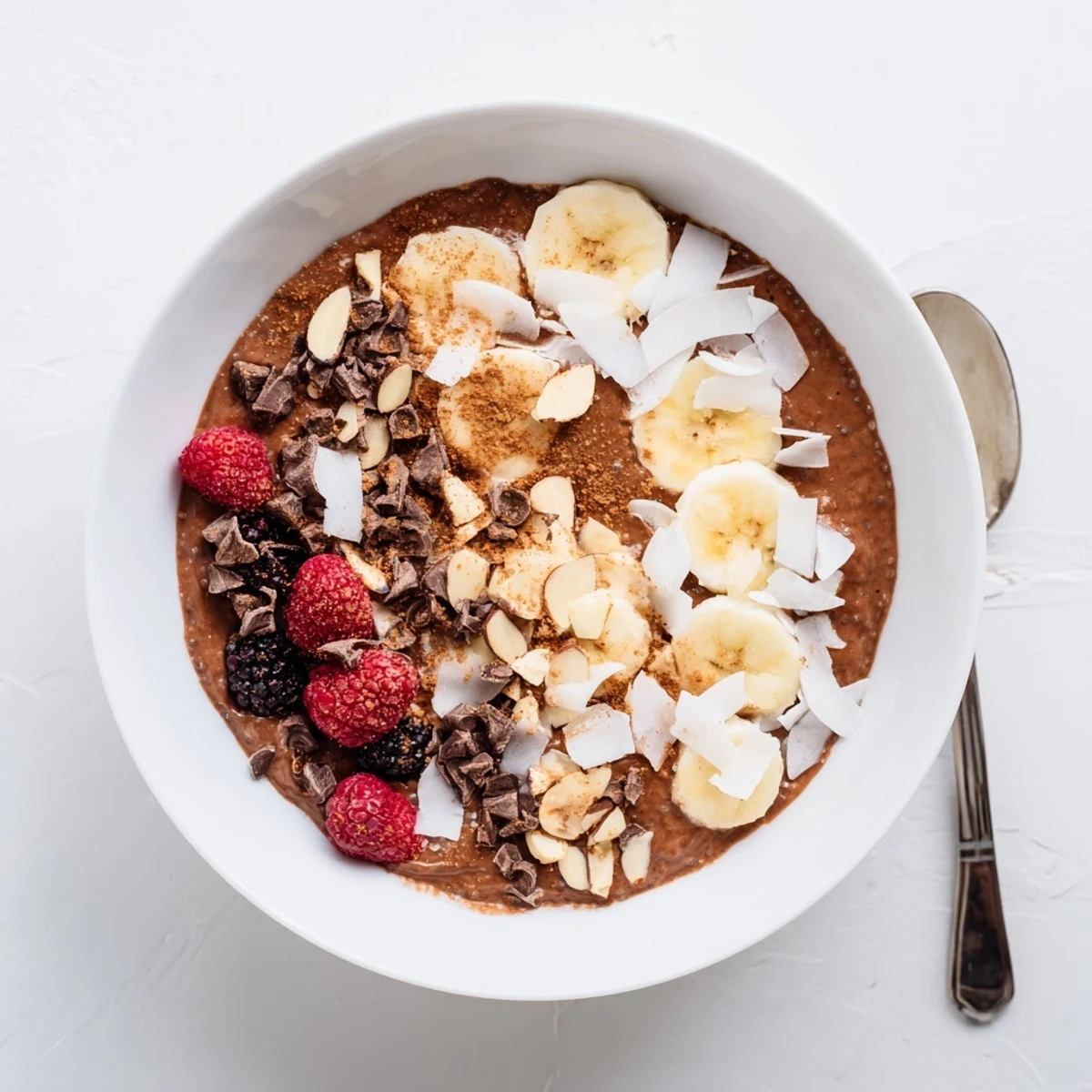Overnight chocolate coconut almond protein chia pudding garnished with shredded coconut and dark chocolate chips