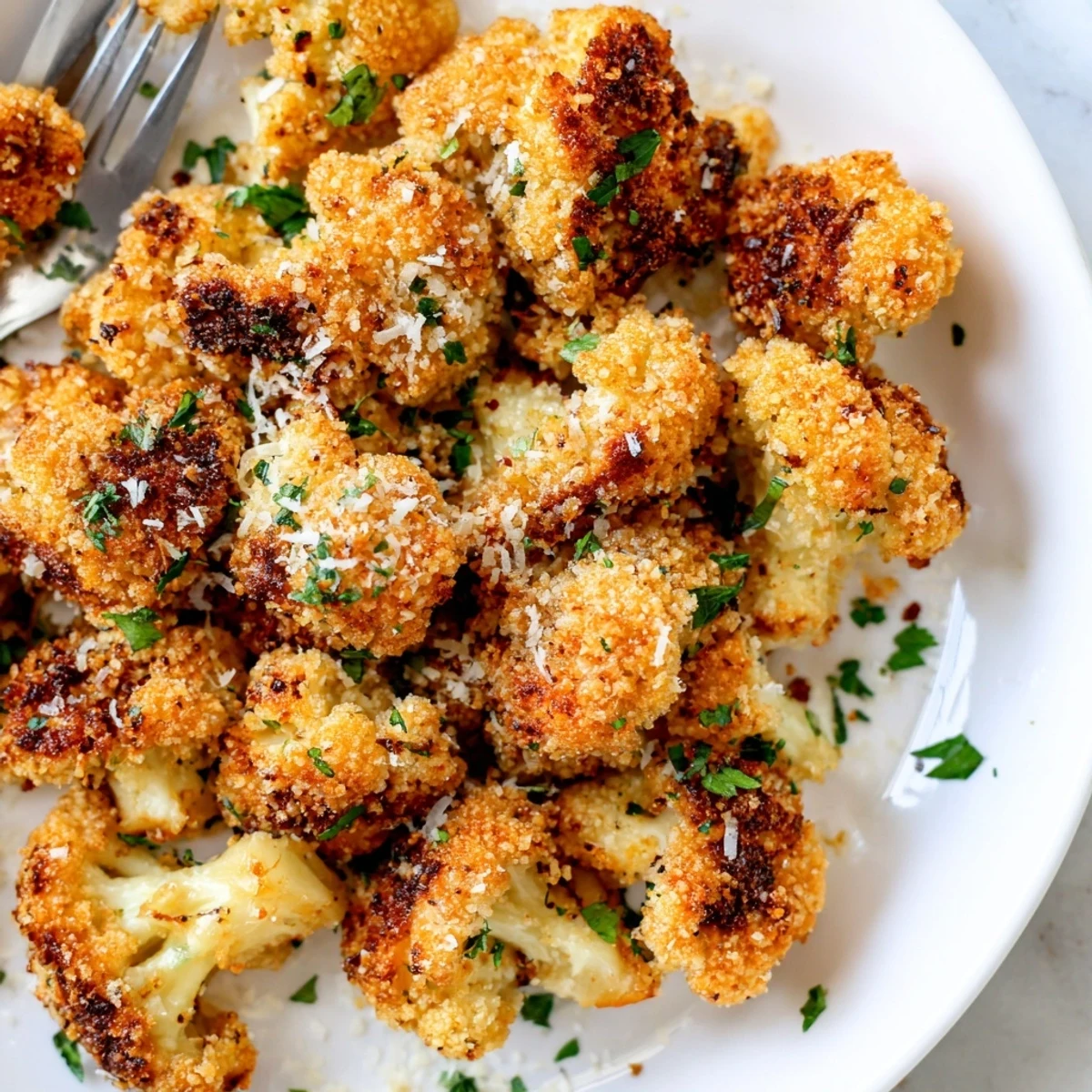 Golden brown crispy garlic Parmesan cauliflower bites arranged on a white serving platter with fresh parsley garnish