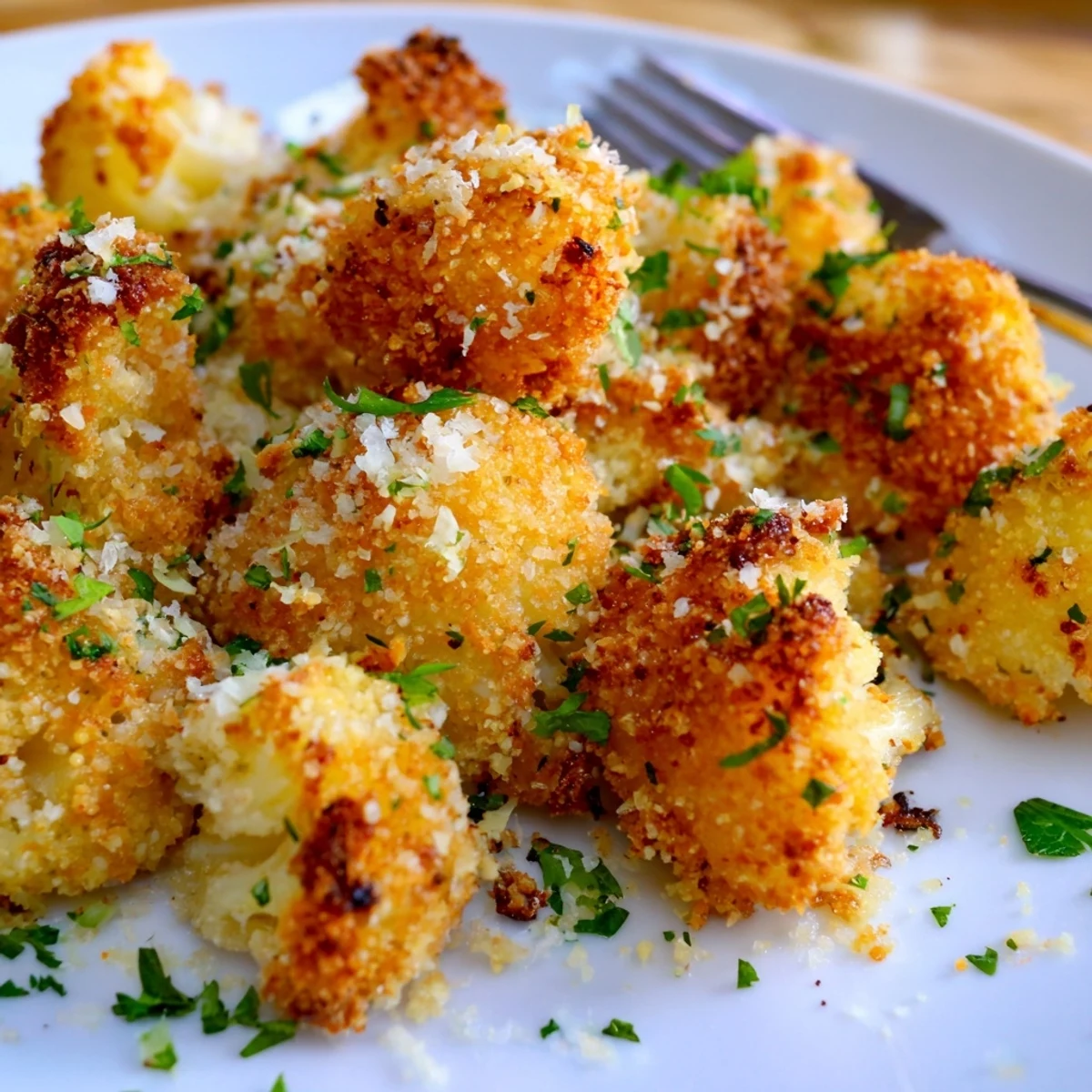 Oven roasted cauliflower florets coated in crunchy panko breadcrumb mixture with melted butter and grated Parmesan cheese