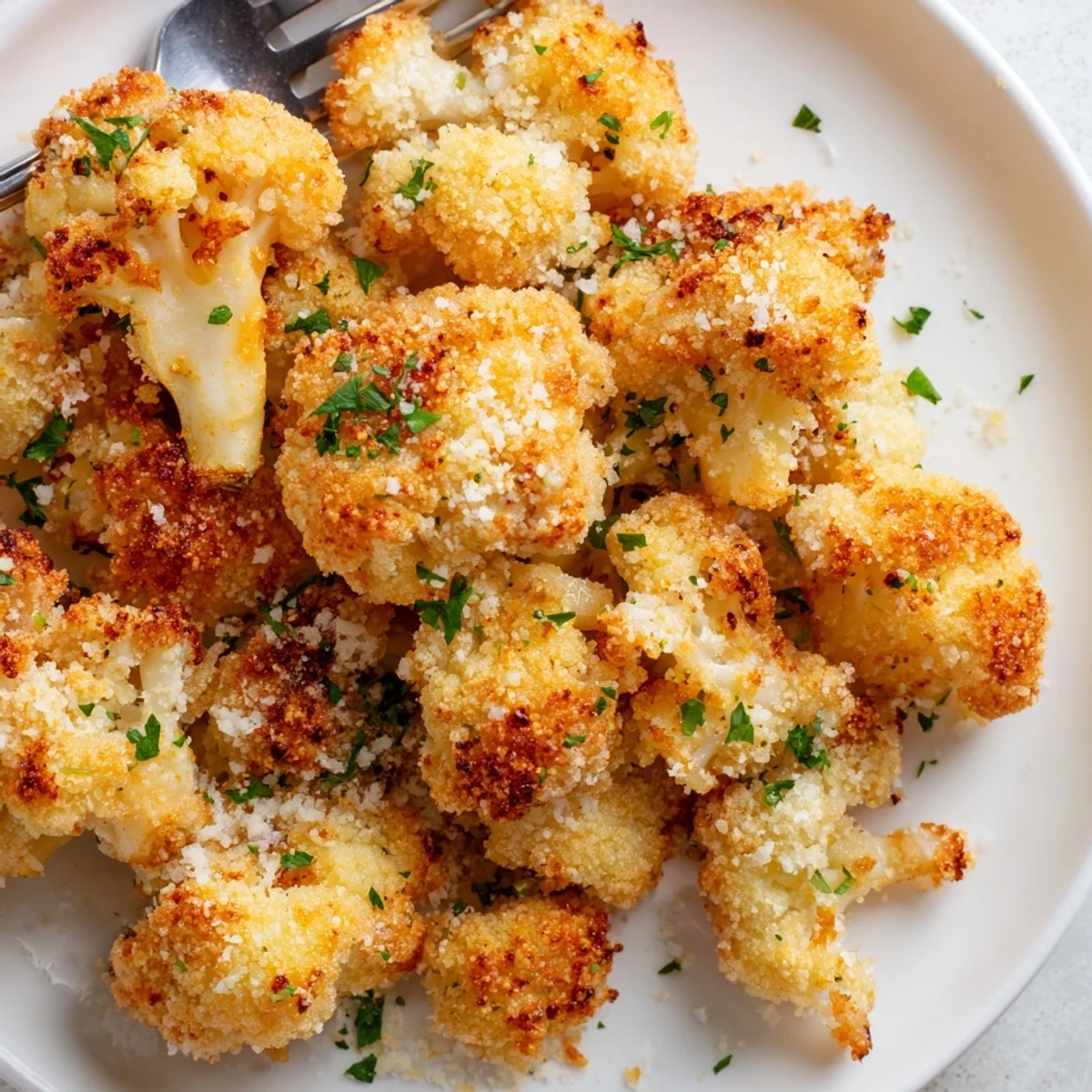 Bite sized crispy cauliflower appetizers with golden exterior and tender interior, sprinkled with herbs and extra cheese