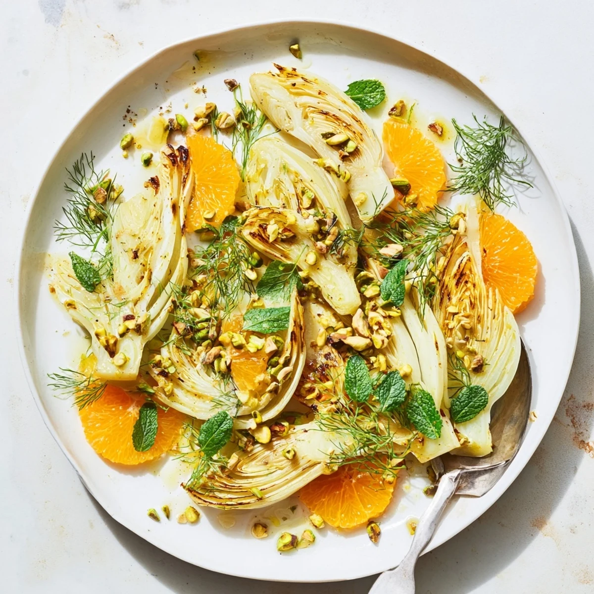 Golden roasted fennel wedges arranged beside vibrant orange and grapefruit slices on a white platter