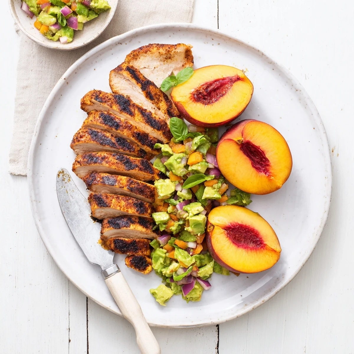 Sliced grilled chicken breast served alongside sweet caramelized peaches and creamy fresh avocado basil topping