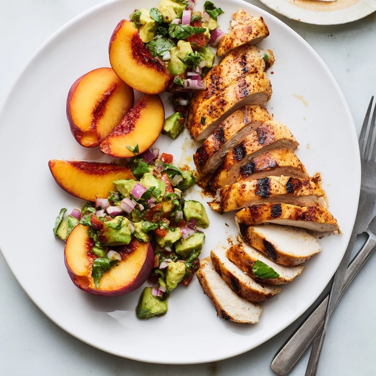 Golden grilled peach chicken topped with vibrant green basil avocado salsa on a white plate