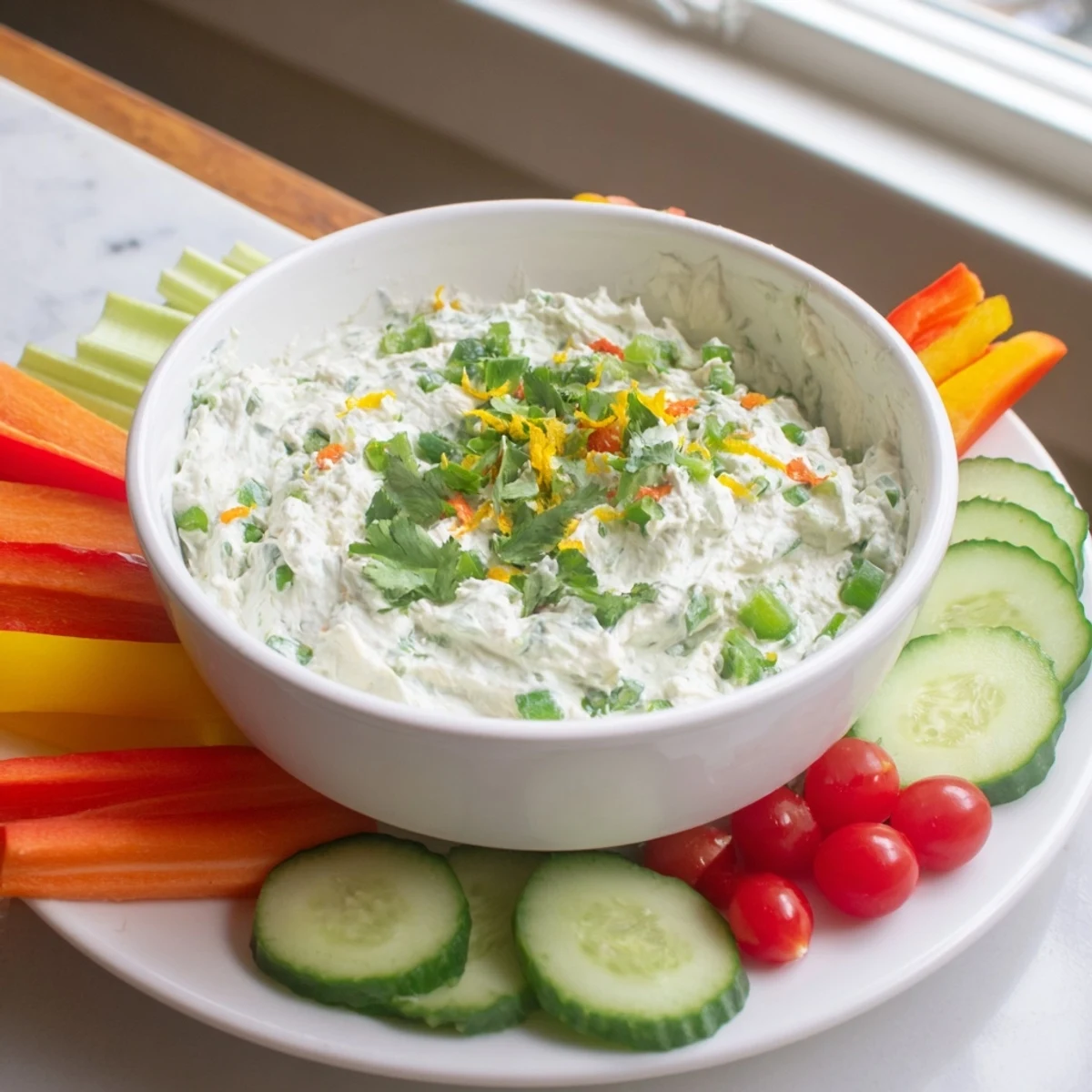 Zesty cottage cheese jalapeño lime dip garnished with cilantro and surrounded by crisp veggie sticks