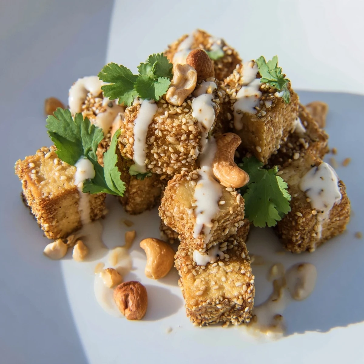 Vibrant vegan bowl featuring crispy baked miso sesame tofu paired with refreshing cucumber, julienned carrots, and drizzled with creamy tahini dressing