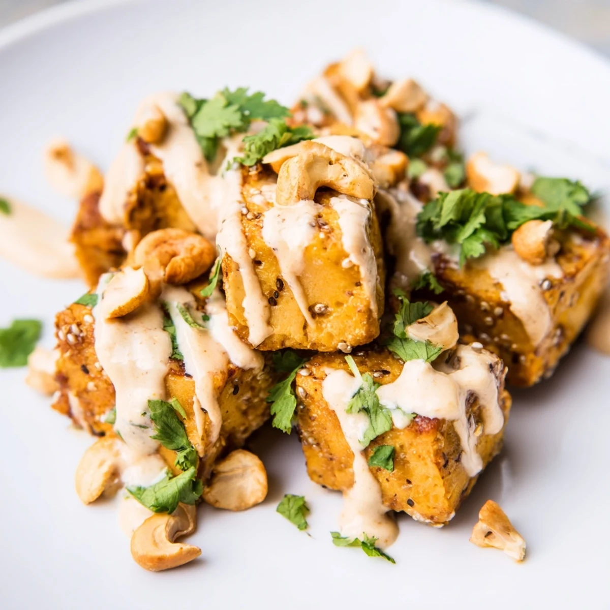 Miso sesame tofu with cucumber crunch bowl topped with roasted peanuts and fresh herbs, a colorful Asian-inspired meal packed with protein
