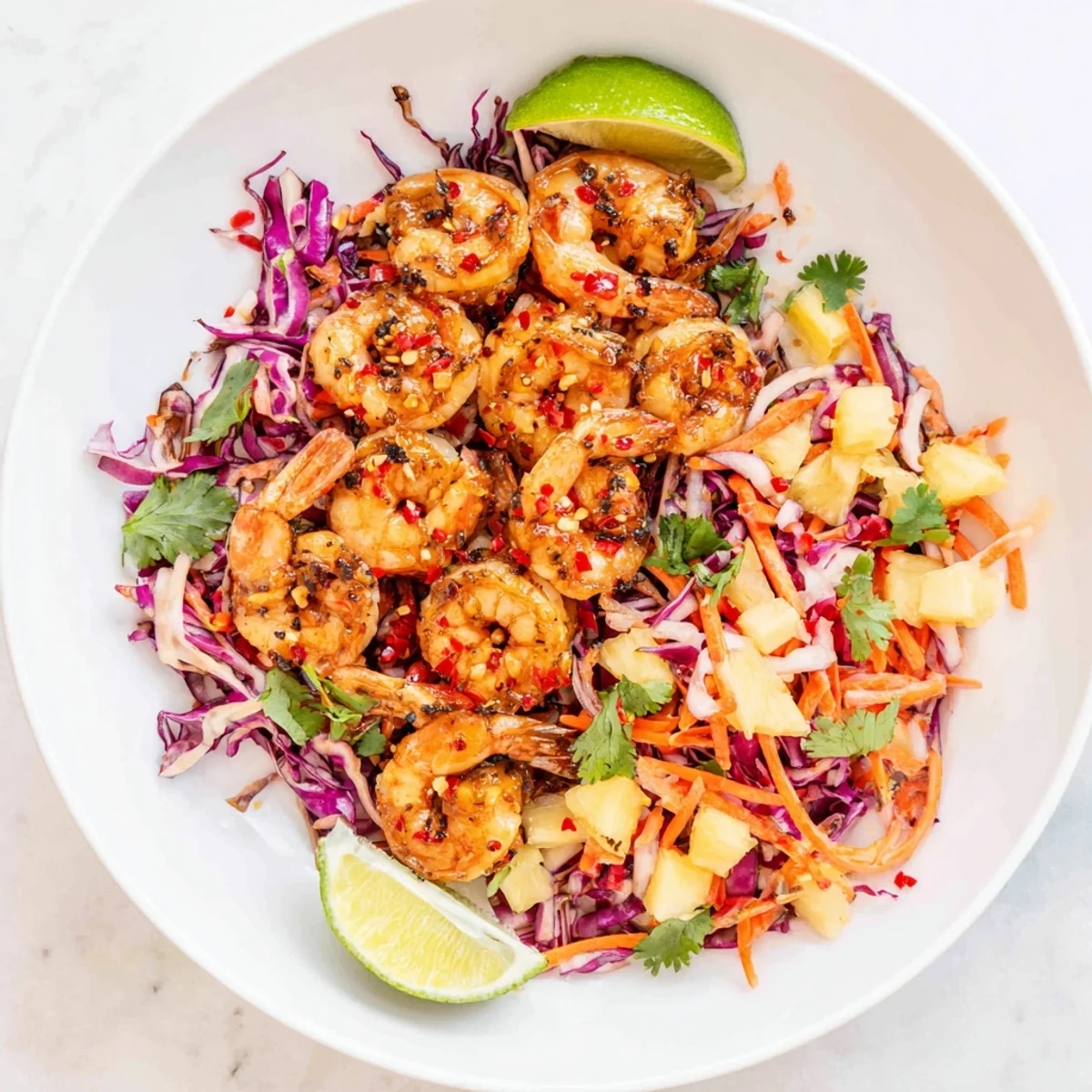 Golden spicy garlic shrimp plated over colorful pineapple cabbage slaw with fresh cilantro garnish