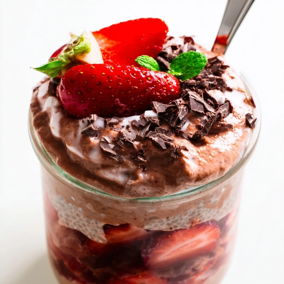 Creamy chocolate protein chia pudding layered with sweet macerated strawberries in parfait glasses