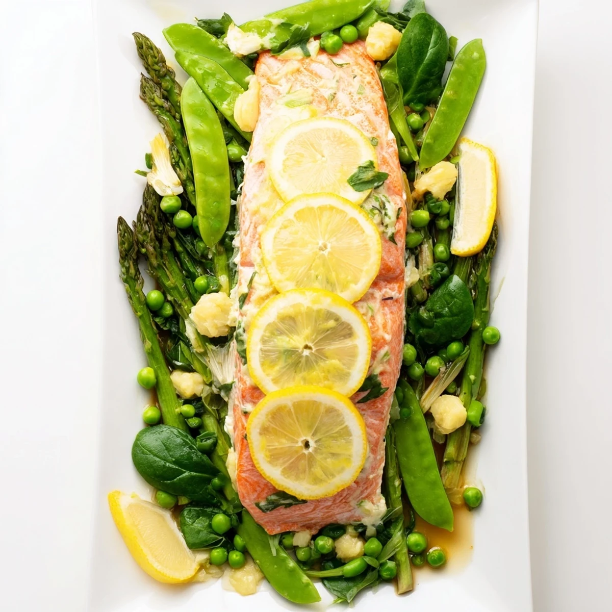 Golden pan-seared salmon fillets with melted garlic butter and roasted spring vegetables on a white plate