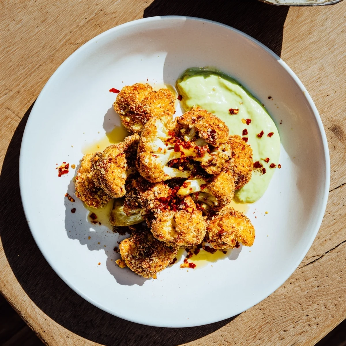 Golden brown crispy hot honey cauliflower flolets drizzled with spicy sweet glaze