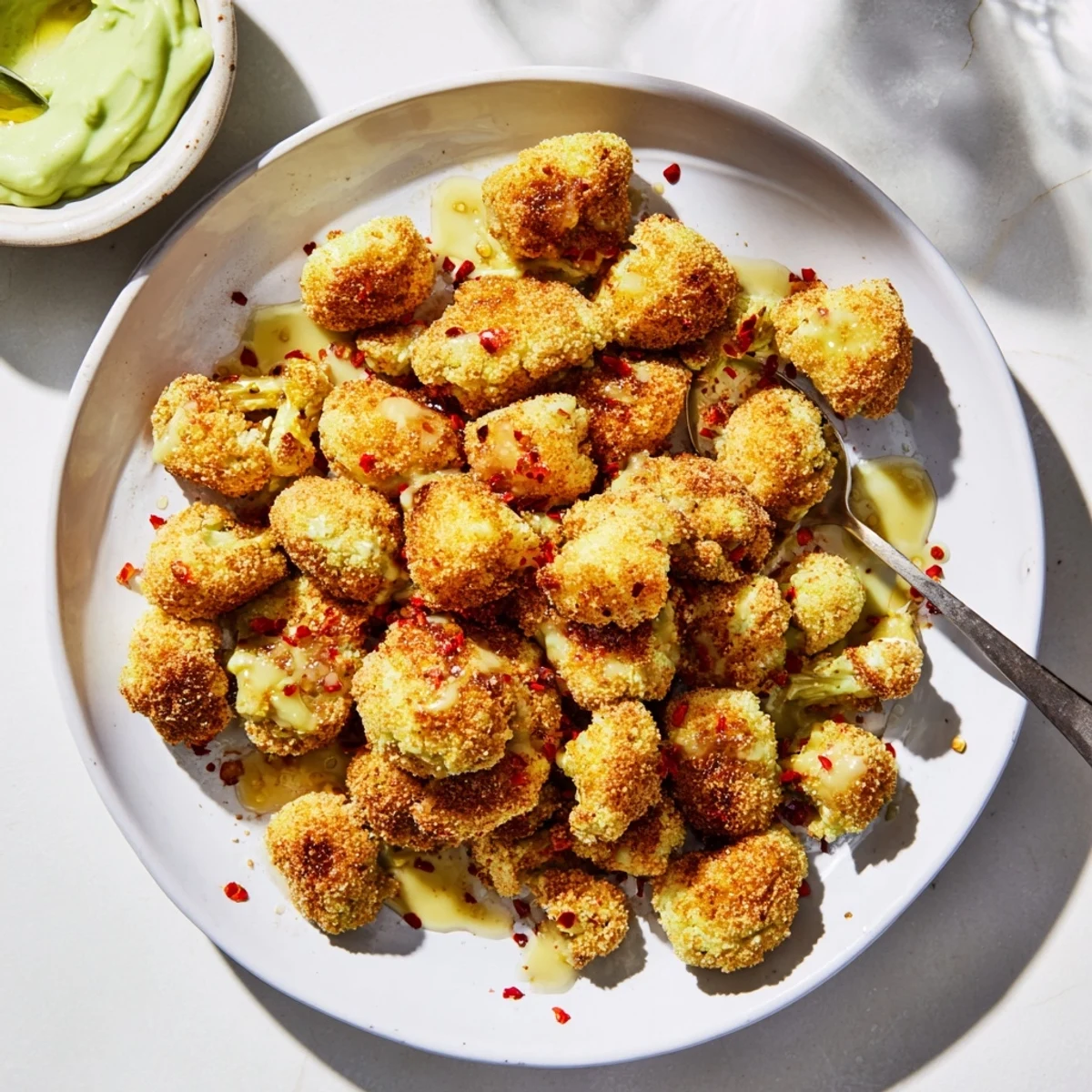 Crispy spiced cauliflower pieces with hot honey drizzle served alongside green avocado dip