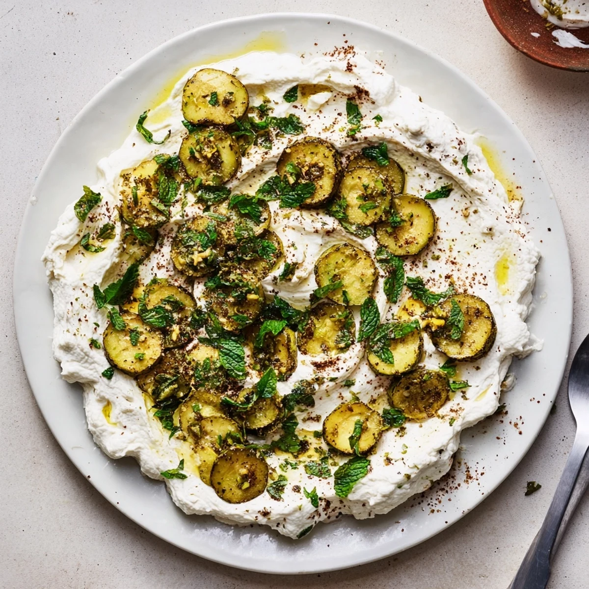 Mediterranean roasted zucchini with whipped feta topped with vibrant green herbs and a drizzle of olive oil