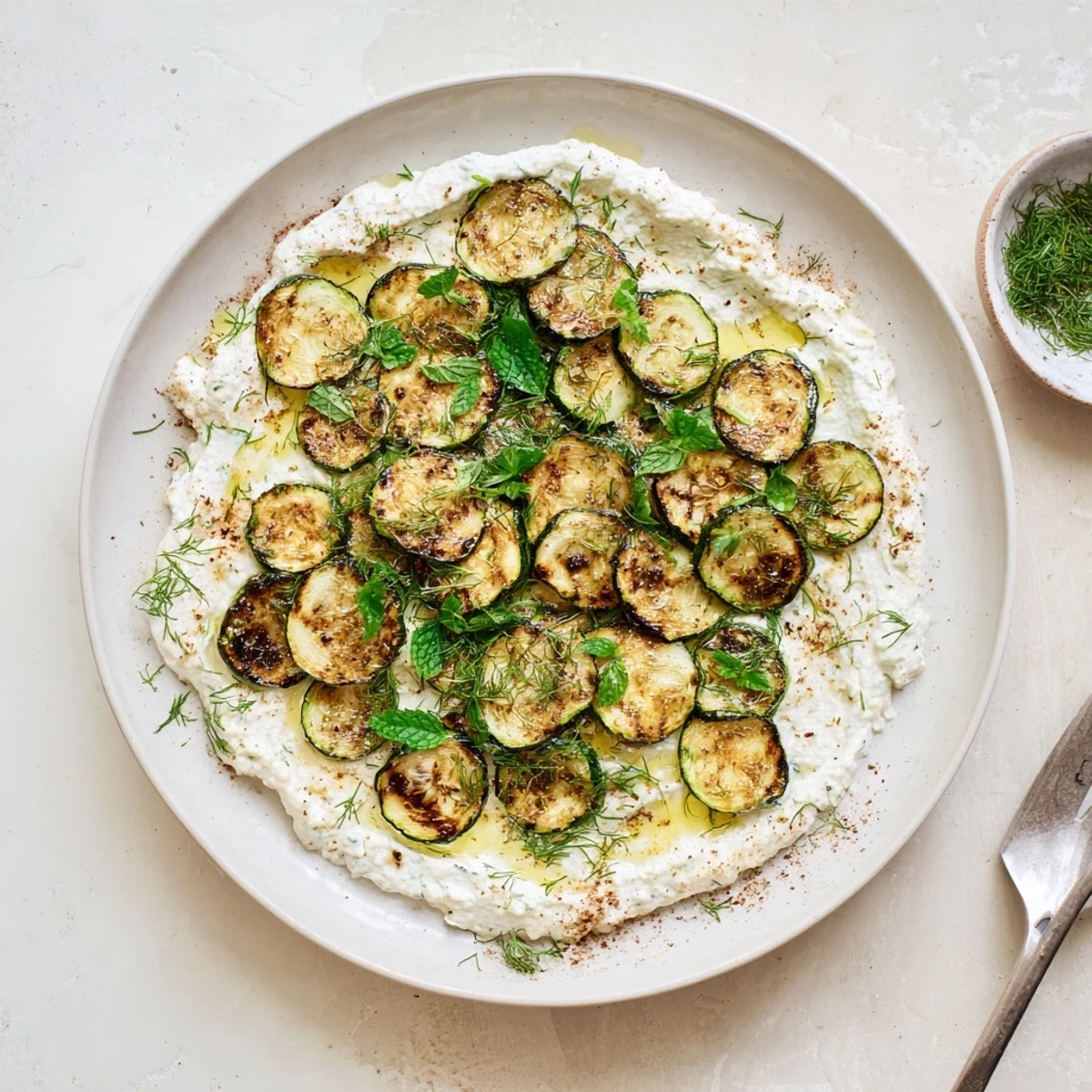 Tender oven-roasted zucchini served on a bed of whipped feta cheese and sprinkled with fresh parsley