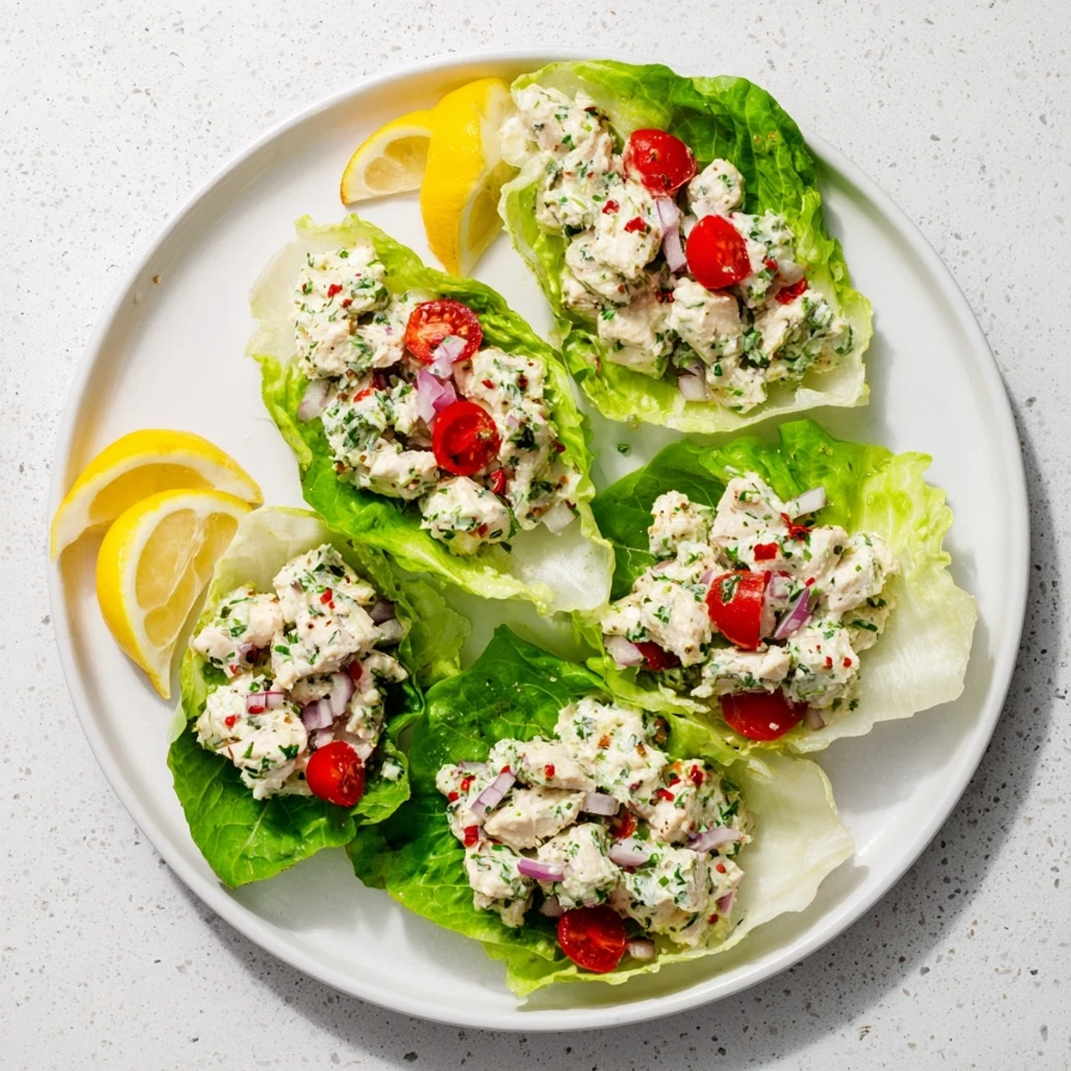 Golden brown chicken breast pieces nestled in crisp lettuce cups with creamy cottage cheese lemon garlic dressing