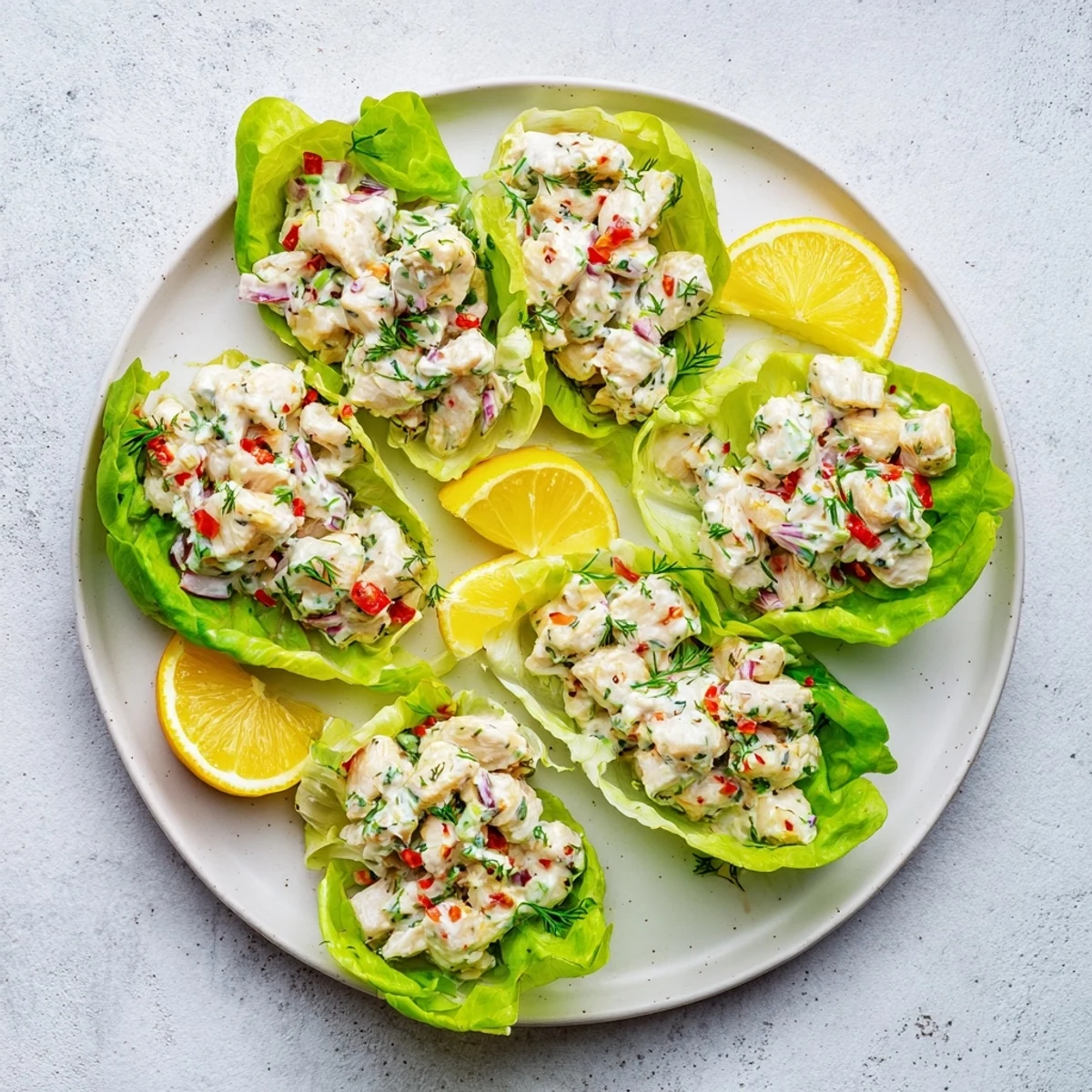 Protein-rich cottage cheese lemon garlic chicken served in butter lettuce leaves with colorful vegetable garnish and lemon wedges