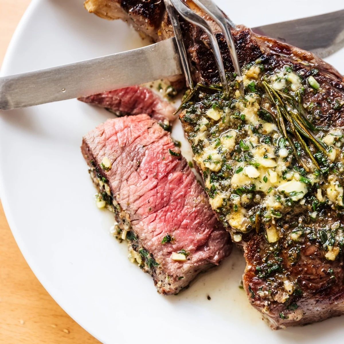 Juicy garlic herb steak with roasted asparagus arranged on a white dinner plate