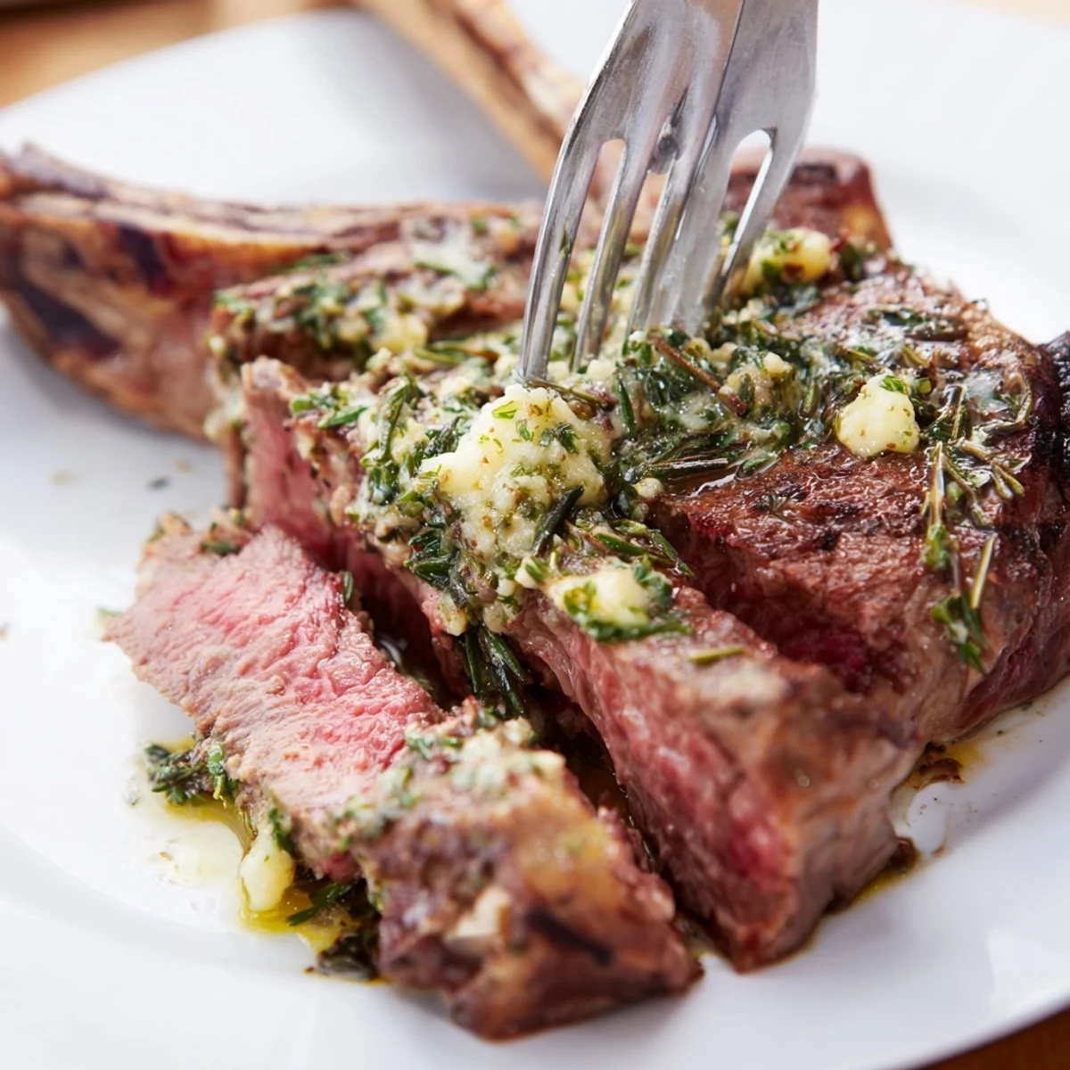 Sizzling garlic herb steak resting beside golden roasted asparagus with lemon wedges