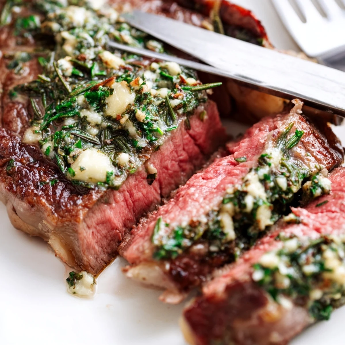 Perfectly seared steak topped with garlic butter and fresh herbs served alongside tender asparagus
