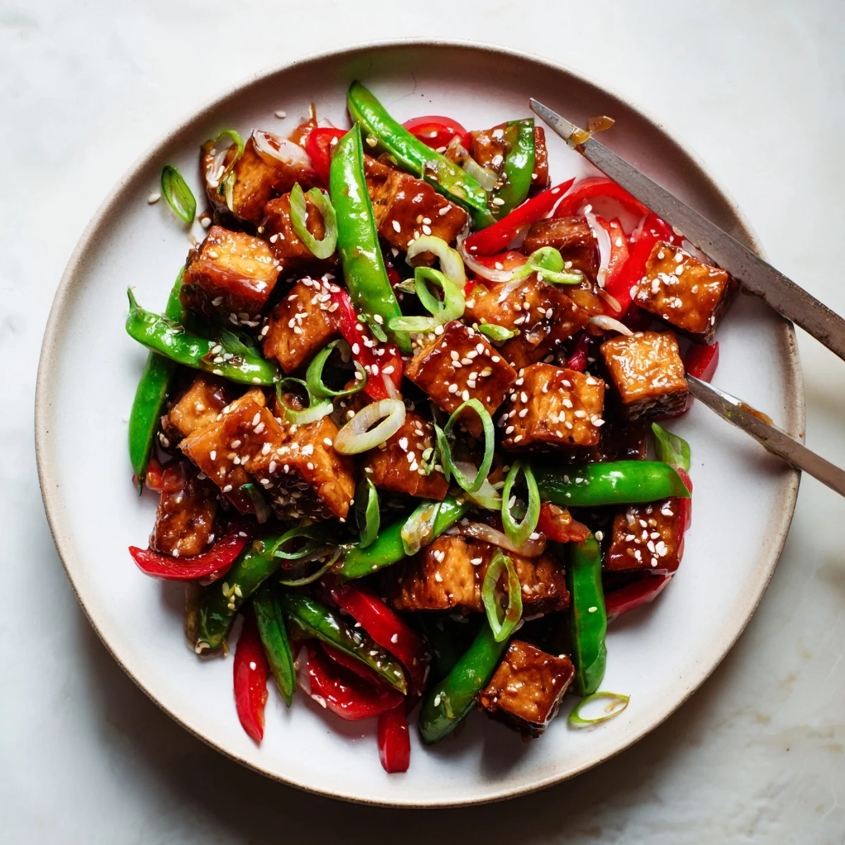 Plate of vegan miso maple tofu with crisp snap peas and red bell peppers garnished with white sesame seeds
