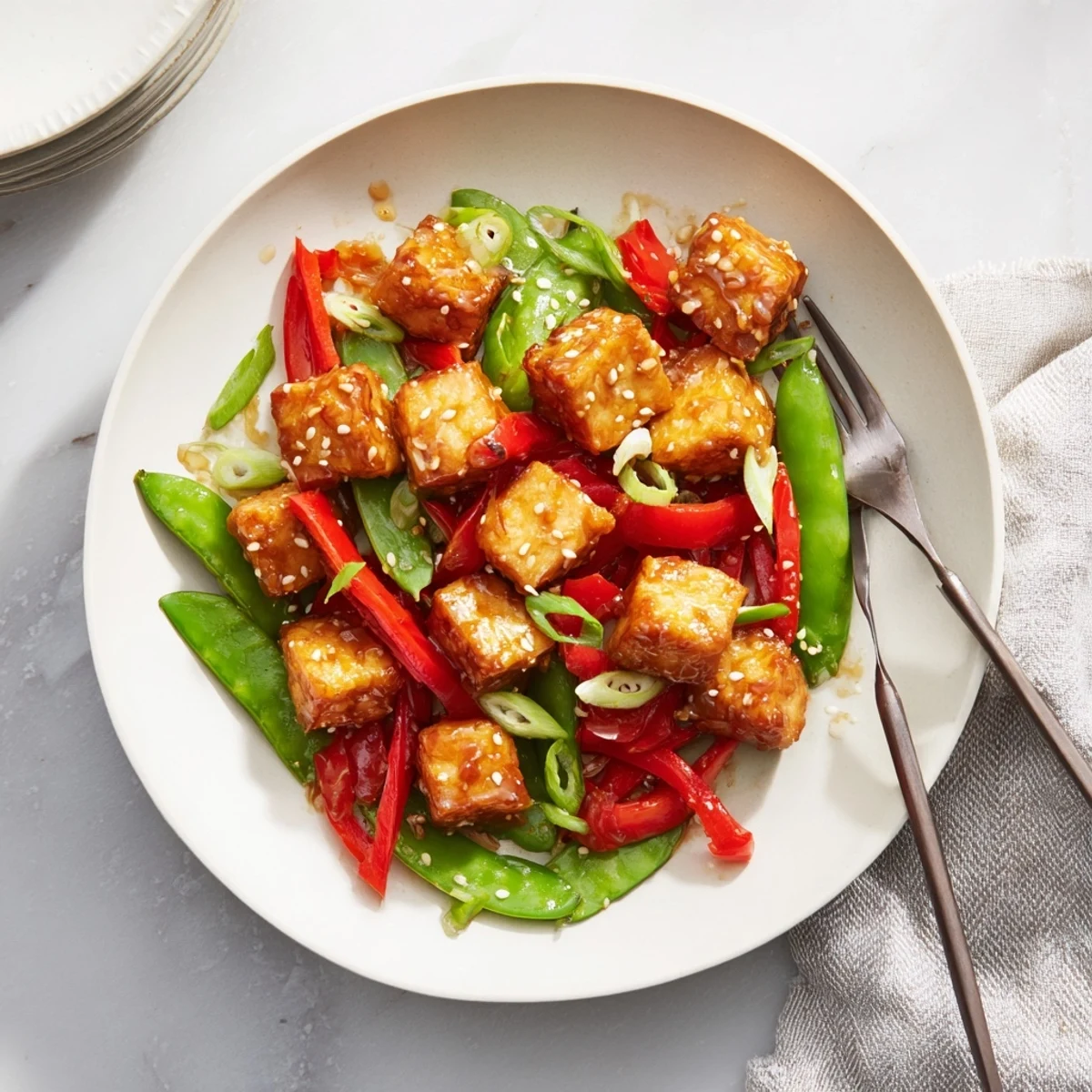 Crispy pan-fried tofu tossed with vibrant snap pea stir fry in a rich miso maple sesame sauce