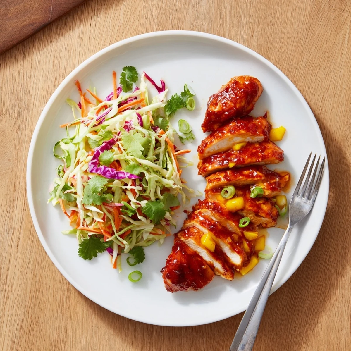 Golden glazed spicy mango chicken served over colorful purple and green cabbage slaw with fresh cilantro