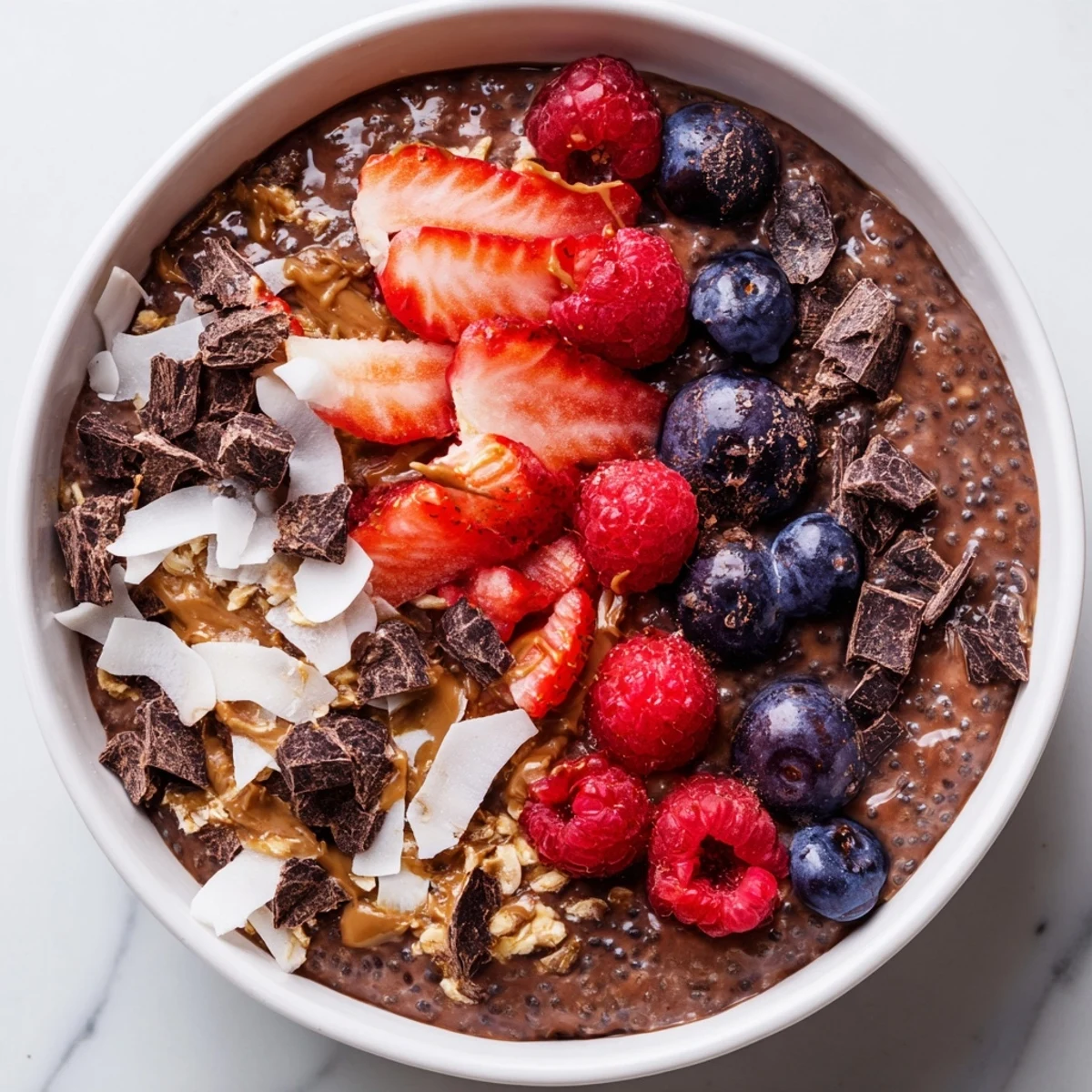 Rich chocolate protein chia pudding bowl layered with juicy mixed berries, granola crunch, and coconut flakes