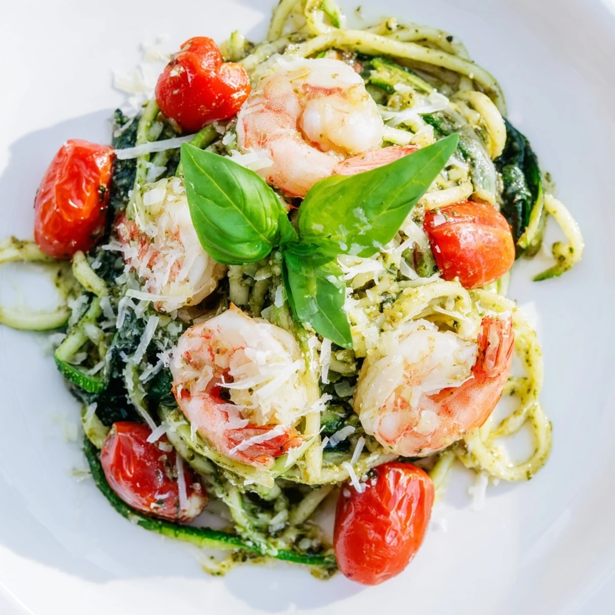 Golden shrimp nestled among bright green zucchini noodles and wilted spinach in a savory pesto skillet