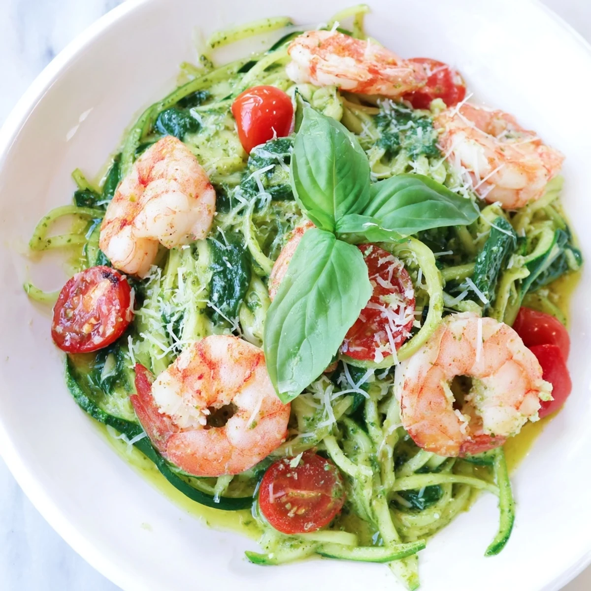 Vibrant pesto shrimp and spinach zoodle skillet with cherry tomatoes and fresh basil garnish