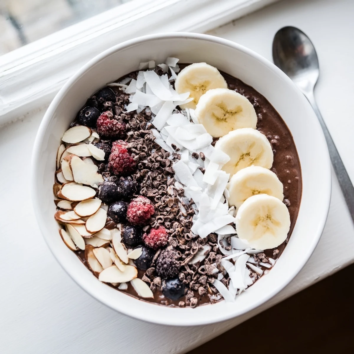 Creamy chocolate almond coconut protein chia bowl topped with fresh banana slices and crunchy almonds