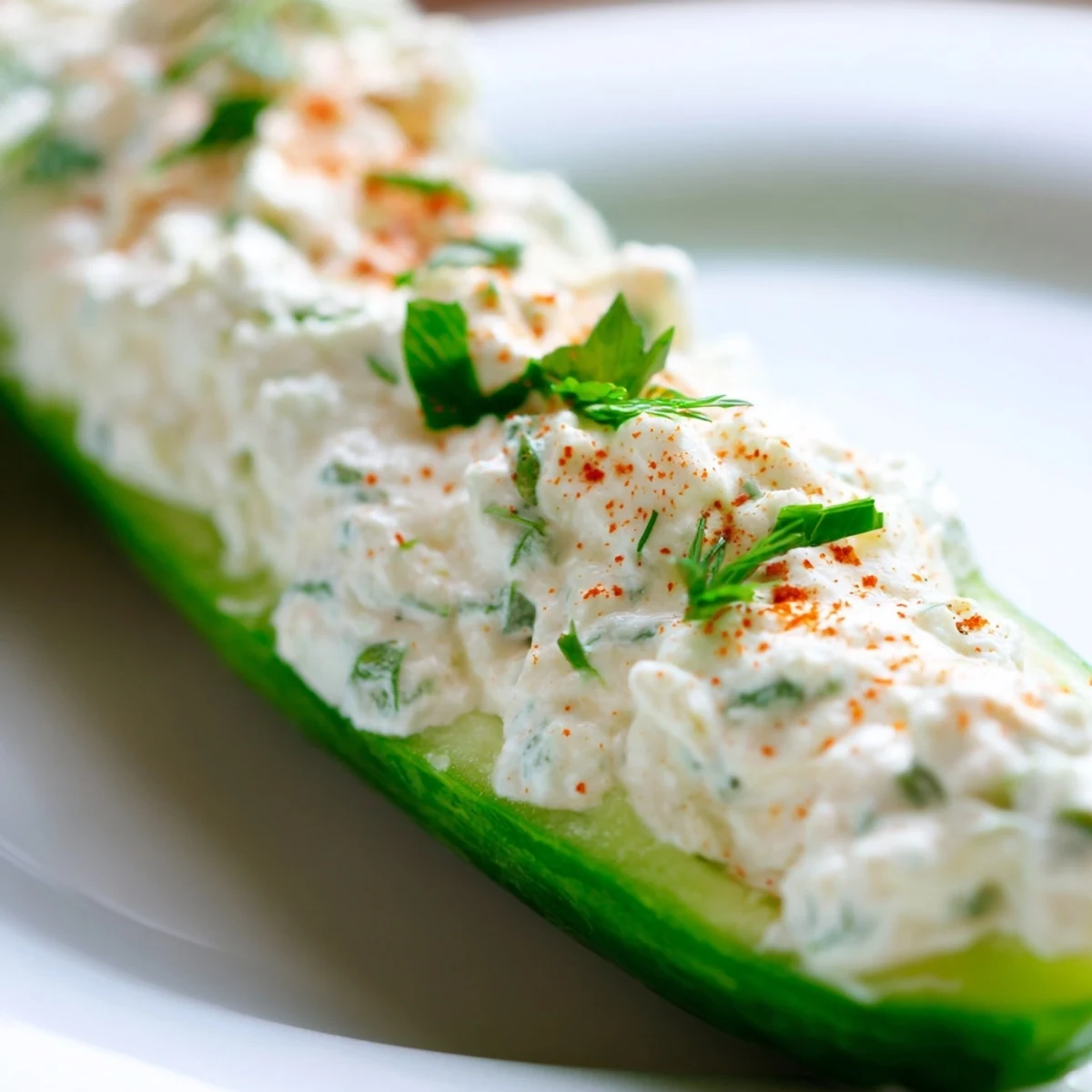 Crisp cucumber boats mounded with creamy cottage cheese herb ranch filling and fresh green garnish