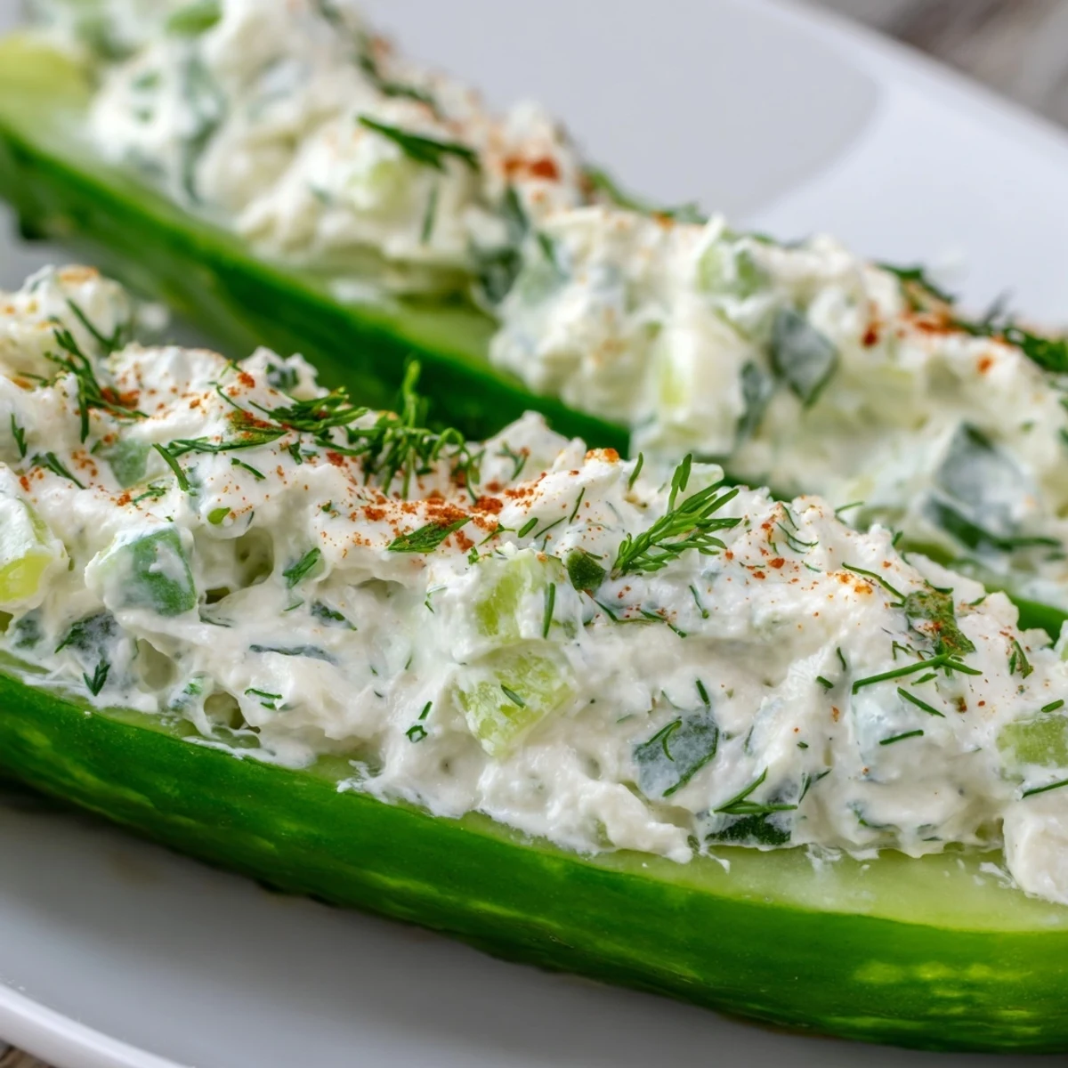 Fresh cucumber halves filled with tangy ranch cottage cheese mixture and chopped dill and chives
